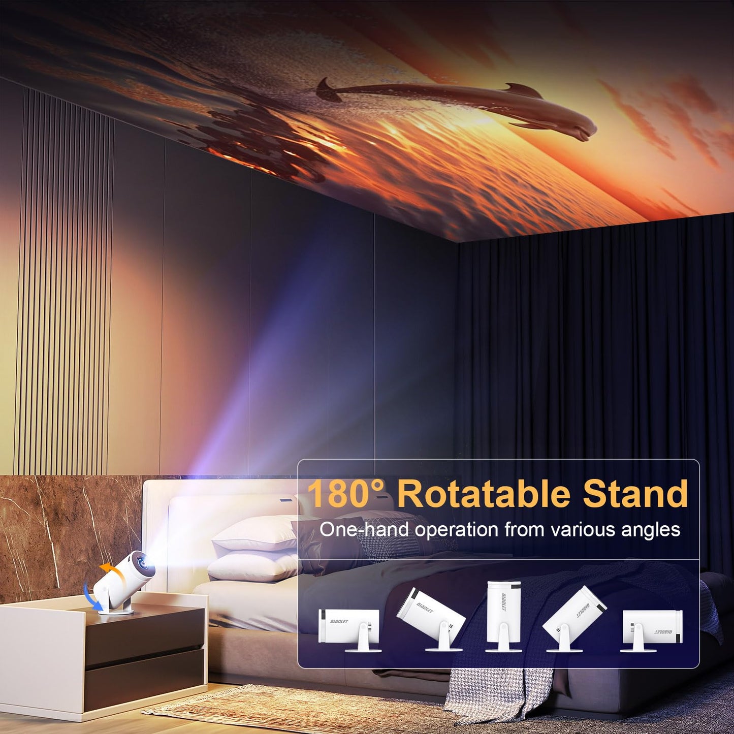 Mini Projector with Latest Android 13 - 2025 Portable Movie Projector with WiFi 6 Bluetooth 5.2: Built-in Apps, 4K/1080P Support, Auto Keystone, 180° Rotatable, 40"-130" Big Screen Video Projector