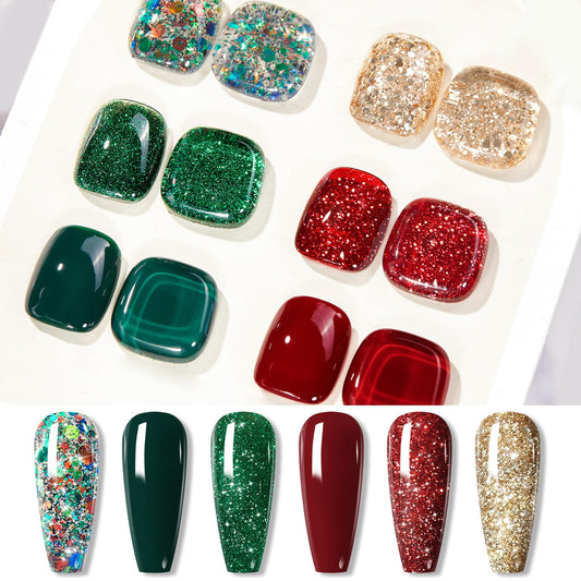 Born Pretty Gel Nail Polish Set 6 Colors,Spring Summer Green Red Gold Glitter Colos Gel Polish Kit Nail Art Manicure Design DIY Home Salon Collection Gift
