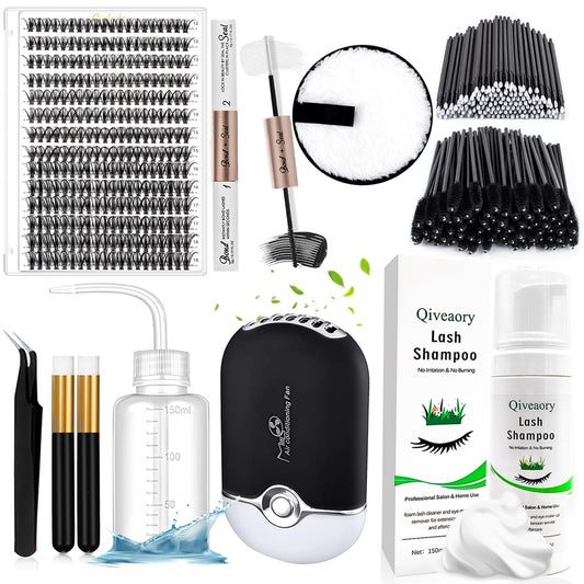 Lash Extension Kit DIY Individual Lash Clusters(280Pcs 40D Mix 12-18mm) with Lash Bond and Seal USB Portable Lash Fan 150ml/5.07fl.oz Lash Shampoo Tweezers Applicator Mascara Brush (Original B)