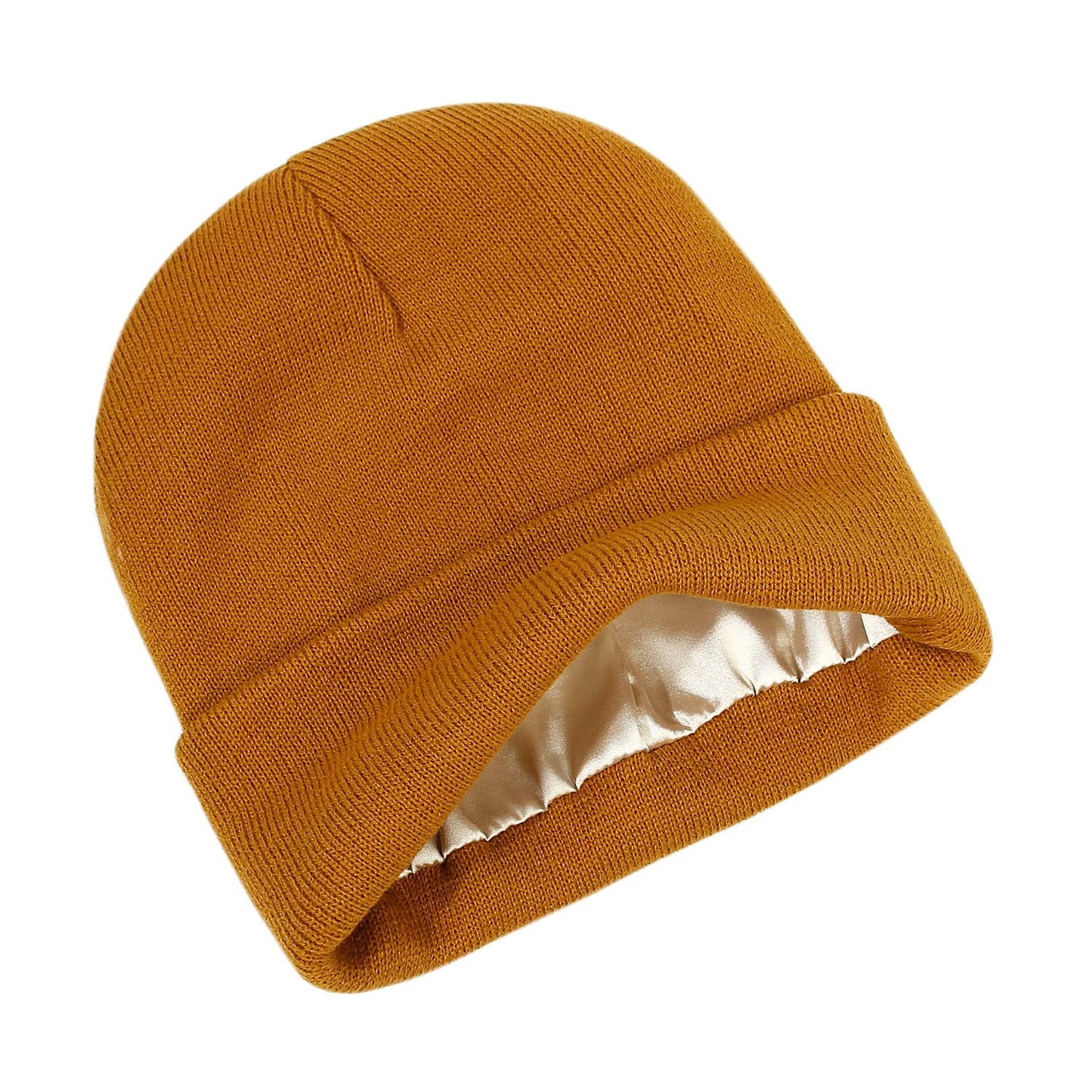 Mukeyo Womens Satin Lined Knit Beanie Hat Winter Warm Cuffed Knitted Silk Lining Hat Soft Cable Skull Cap Caramel