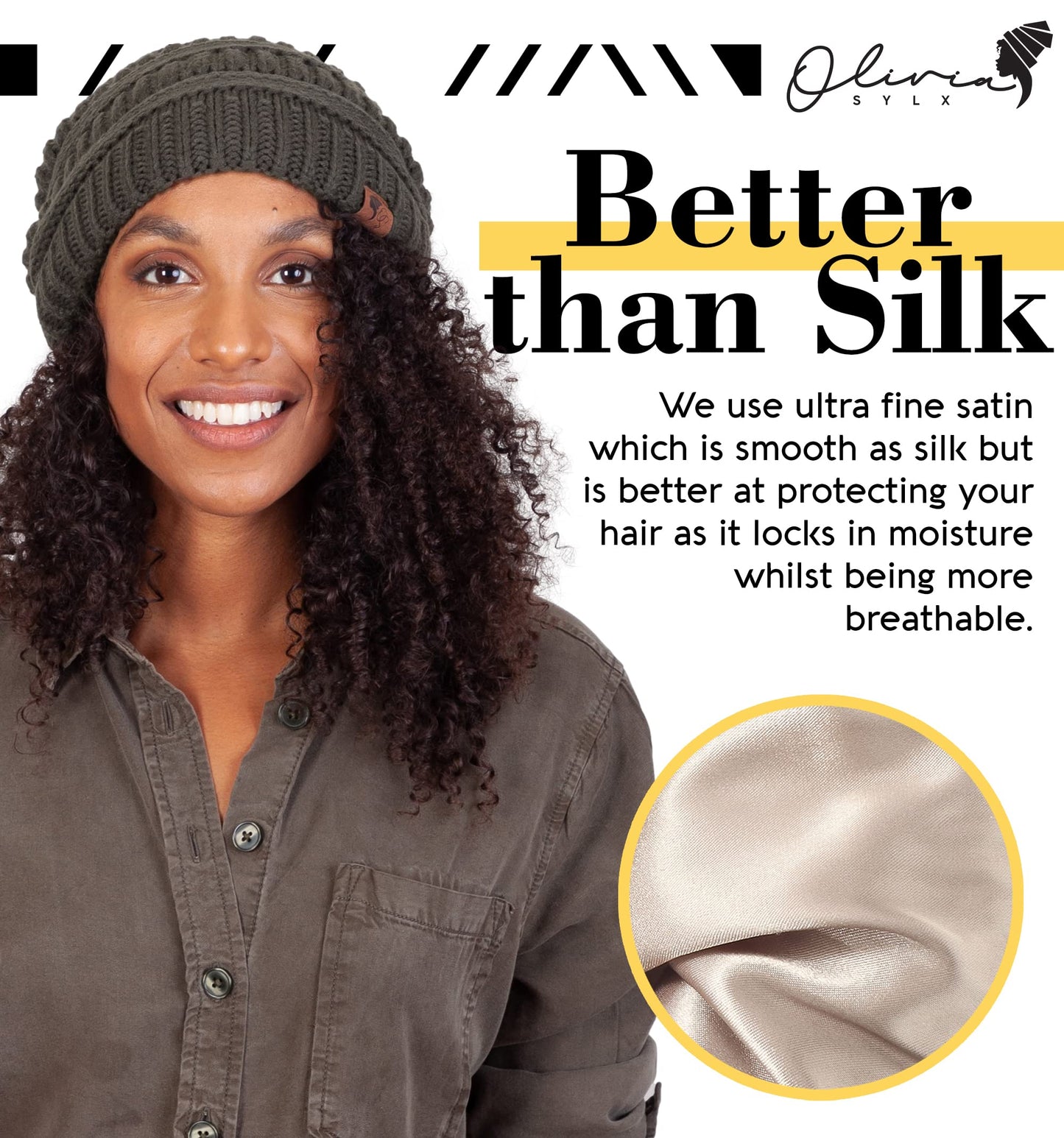 Olivia Sylx Satin Lined Beanie for Women - Satin Beanie,Silk Beanie, Satin Lined Winter Hats for Women & Slouchy Beanie Army Green