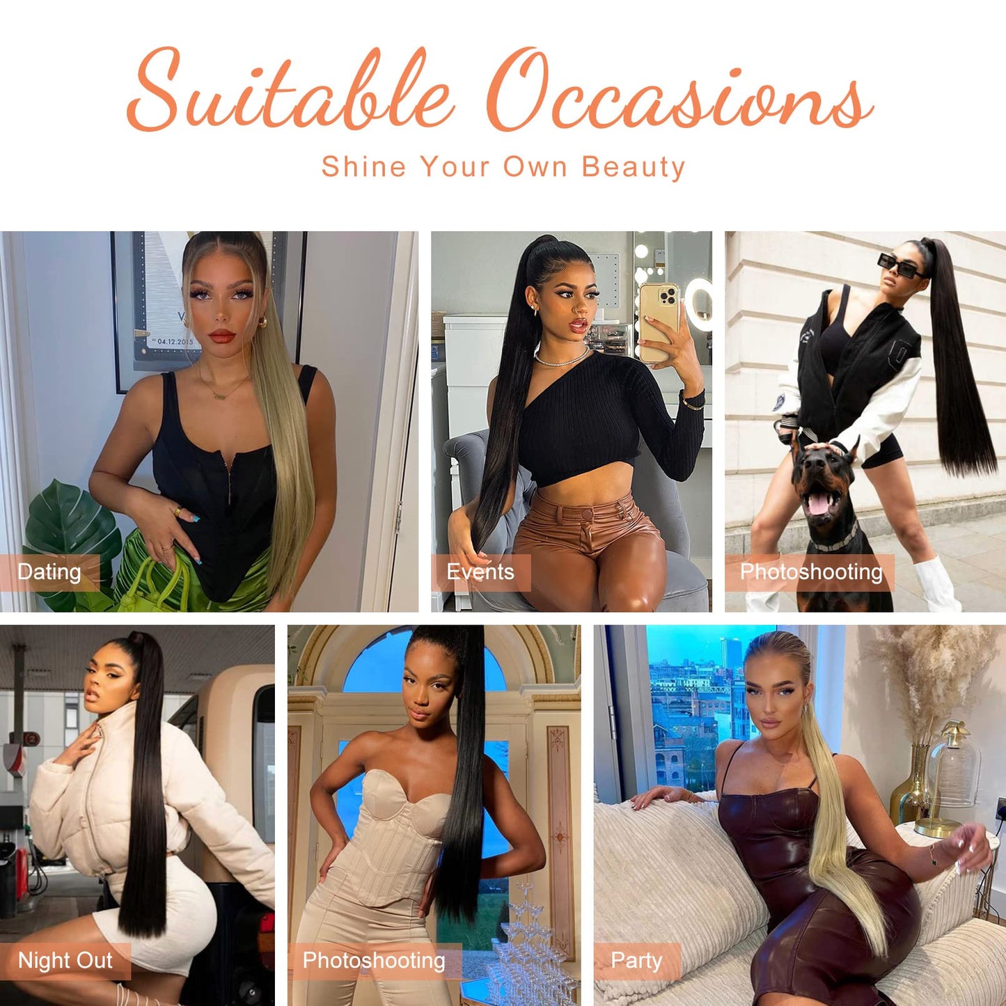 SEIKEA Ponytail Extensions Drawstring Long Straight Fake Pony Tail Natural Soft Clip in Hair Extension Synthetic Heat Resistant Hairpiece 28 Inch Natural Black with Blue Highlights