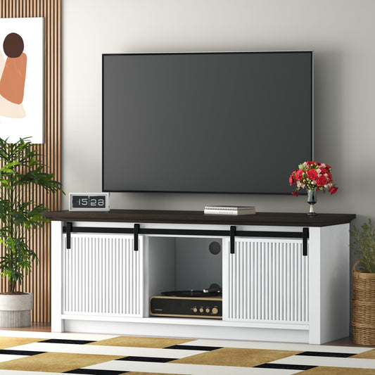 Fluted TV Stand for 60 Inch TV, 21" Tall Entertainment Center with Sliding Door and Storage Cabinets, Modern Media Console for Bedroom & Living Room, Television Stand for 55, 50", White