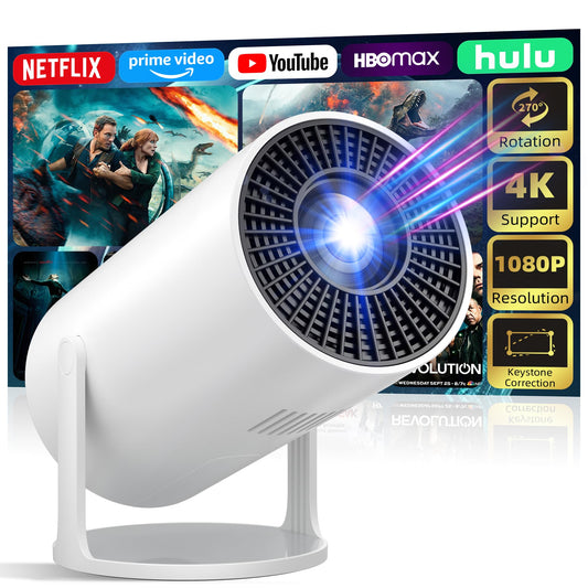 Mini Projector Portable Proyector 4K Support, Full HD 1080P Small Projector with 270° Rotatable Stand, Movie Projector Compatible with TV Stick/Smartphone/HDMI/USB for Bedroom/ Outdoor Camping