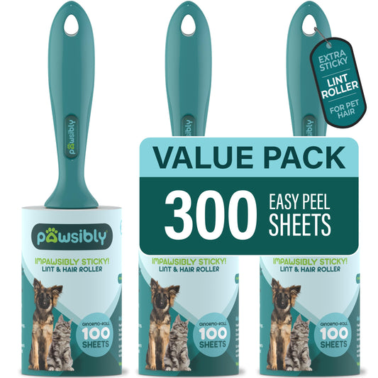 Pawsibly 3-Pack Lint Rollers for Pet Hair Extra Sticky – 300 Sheets Total, Ideal for Removing Pet Hair, Lint, and Dust from Clothes, Furniture, and More