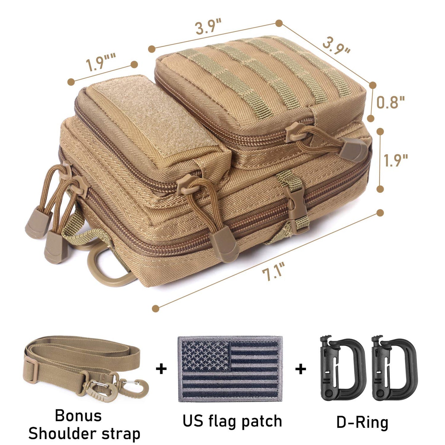 Tactical Molle Pouch Compact EDC Tool Pouch Bag Mini Utility Pouch with US Flag Patch, Shoulder Strap & Two D-Rings (CP)