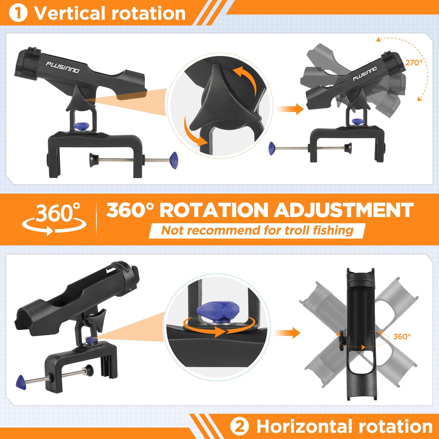 PLUSINNO Fishing Boat Rods Holder with Large Clamp Opening 360 Degree Adjustable Fishing Rod Racks Folding Holder (1 Pack Blue)