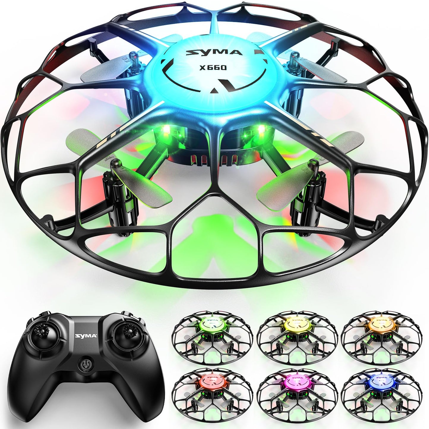 SYMA Drone for Kids with 7-Color LED Light, X660 Mini Drone with 3D Flip, Rotary Ascent, Headless Mode, Speed Switch and Full Protection RC Toys Gifts for Beginners Adults
