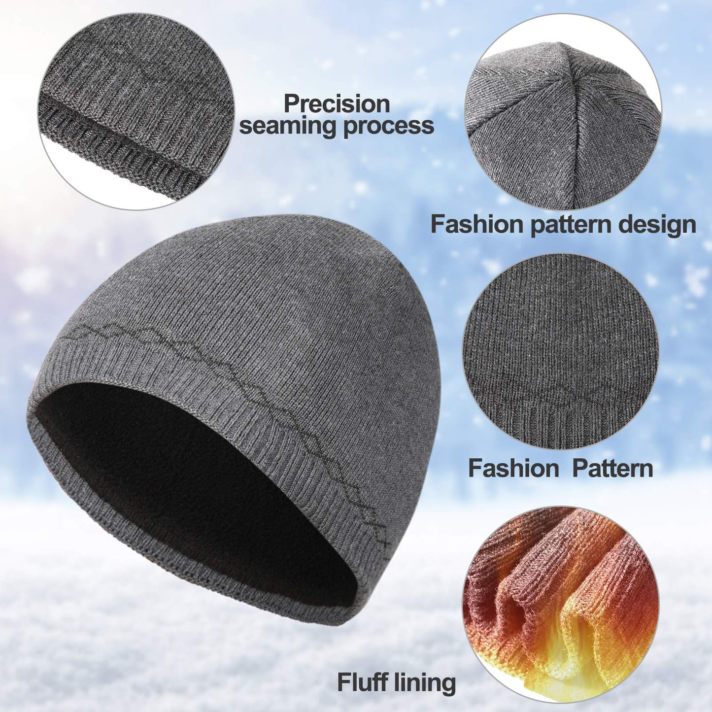 2 Pieces Winter Beanie Hat Men Knit Skull Cap Warm Knitted Watch Beanie Cap Ski Skull Cap Fleece Lined Beanie (Chic Style) (Classic Style) Black, Grey