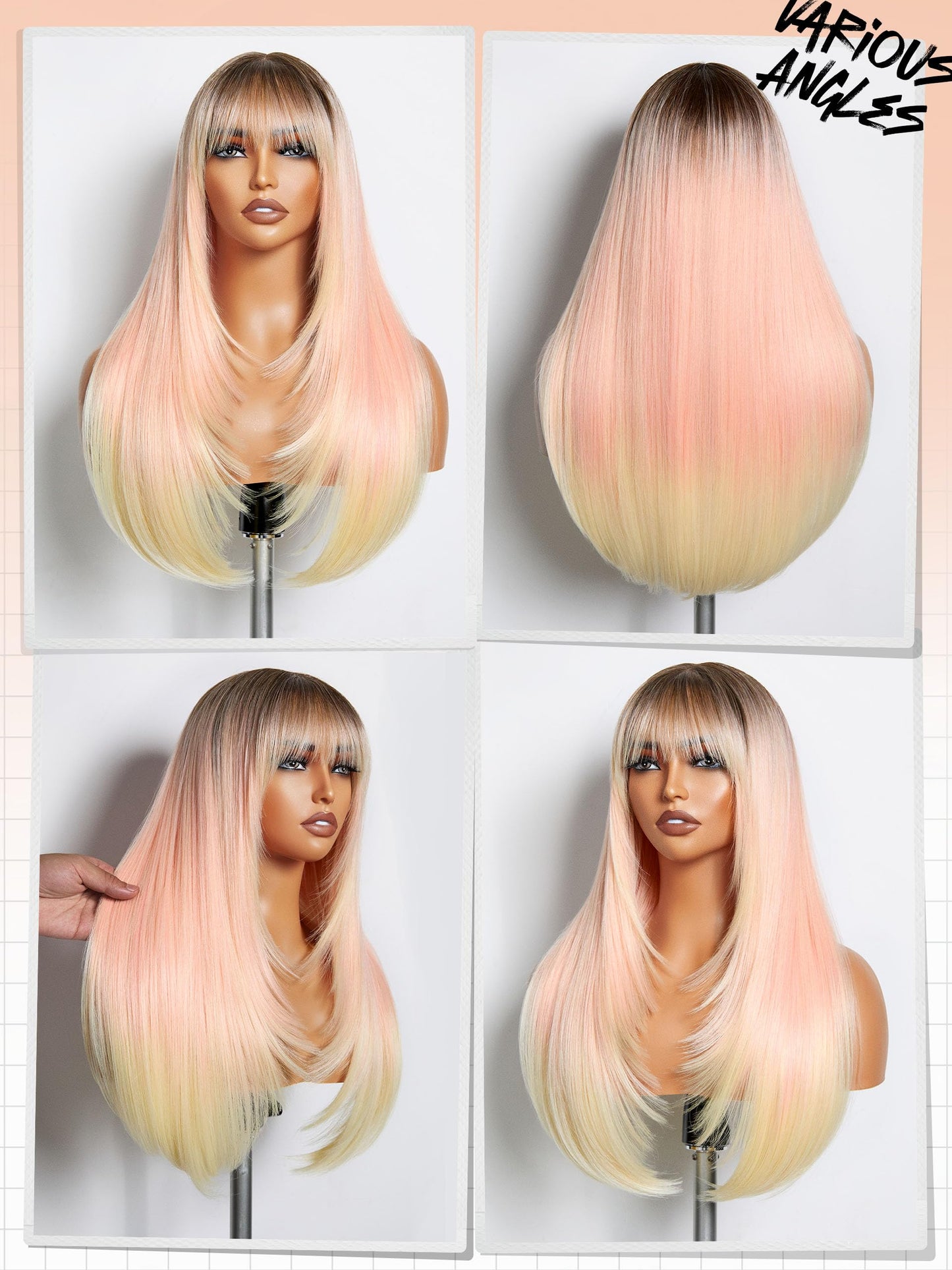 GORGIUS Peach Pink Straight Wig with Bangs Glueless Layered Fringe Bang Wig with Realistic True Scalp Upgraded with Style-Archive Premium Synthetic Fiber