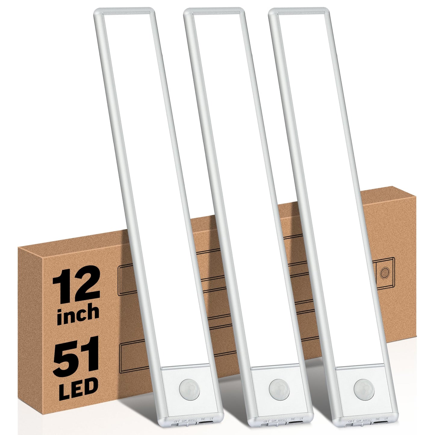 YLXS 51-LED Motion Sensor Under Cabinet Light, 12-inch Magnetic Rechargeable Under Counter Closet Lights, Wireless Night Light Bar, 3-Pack, Cool White