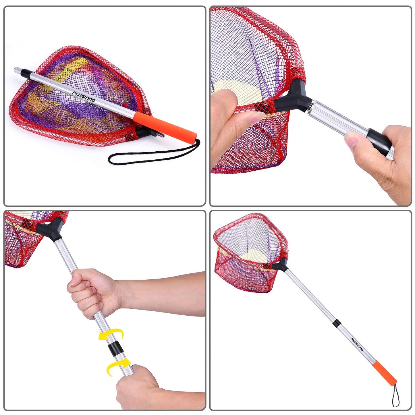 PLUSINNO Kids Fishing Net, Telescopic Lightweight Landing Net with Aluminum Pole Handle and Nylon Mesh, Catch and Release Net for Kids Youth Outdoor