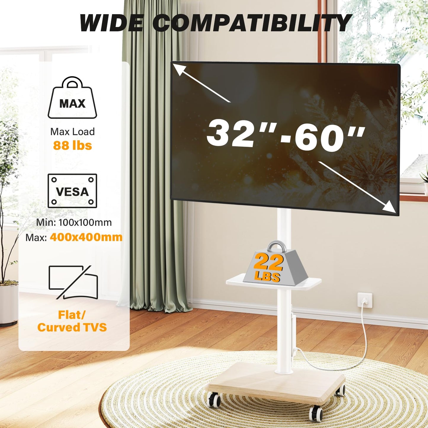 5Rcom Rolling TV Stand with Power Outlet for 32-60 inch TVs, Swivel and Height Adjustable Mobile TV Stand with Shelf, Strong TV Cart on Wheels up to 88 lbs for Living Room, Bedroom and Office, White