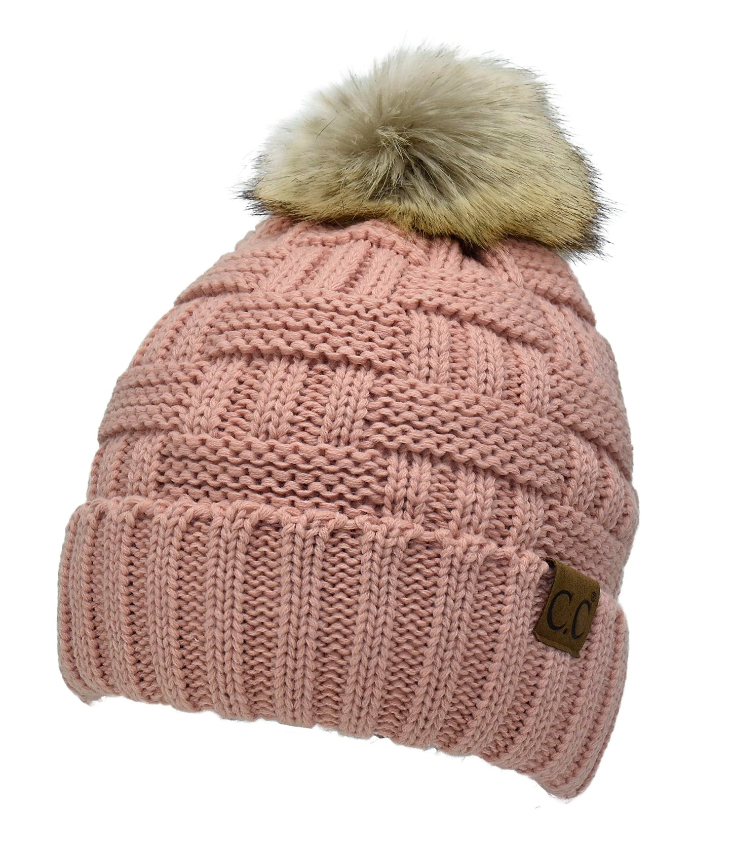 C.C. Beanie Thick Warm Fuzzy Sherpa Fleece Lining Ribbed Knitted Stretch Faux Fur Pom Beanie Hat