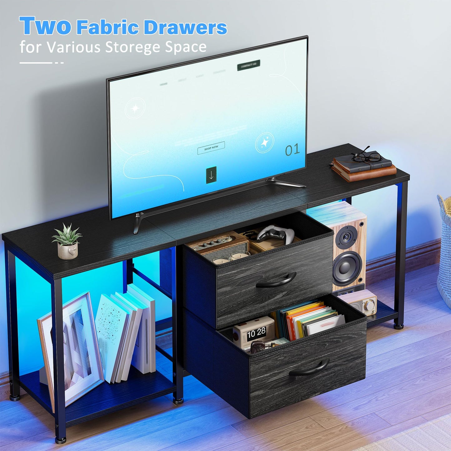 TV Stand for Bedroom with LED Lights, Dresser TV Stand with Two Fabric Drawers and Open Storage Shelves, TV Stands for Living Room, Entertainment Center, TV Console, Wood Top, Metal Frame, Black