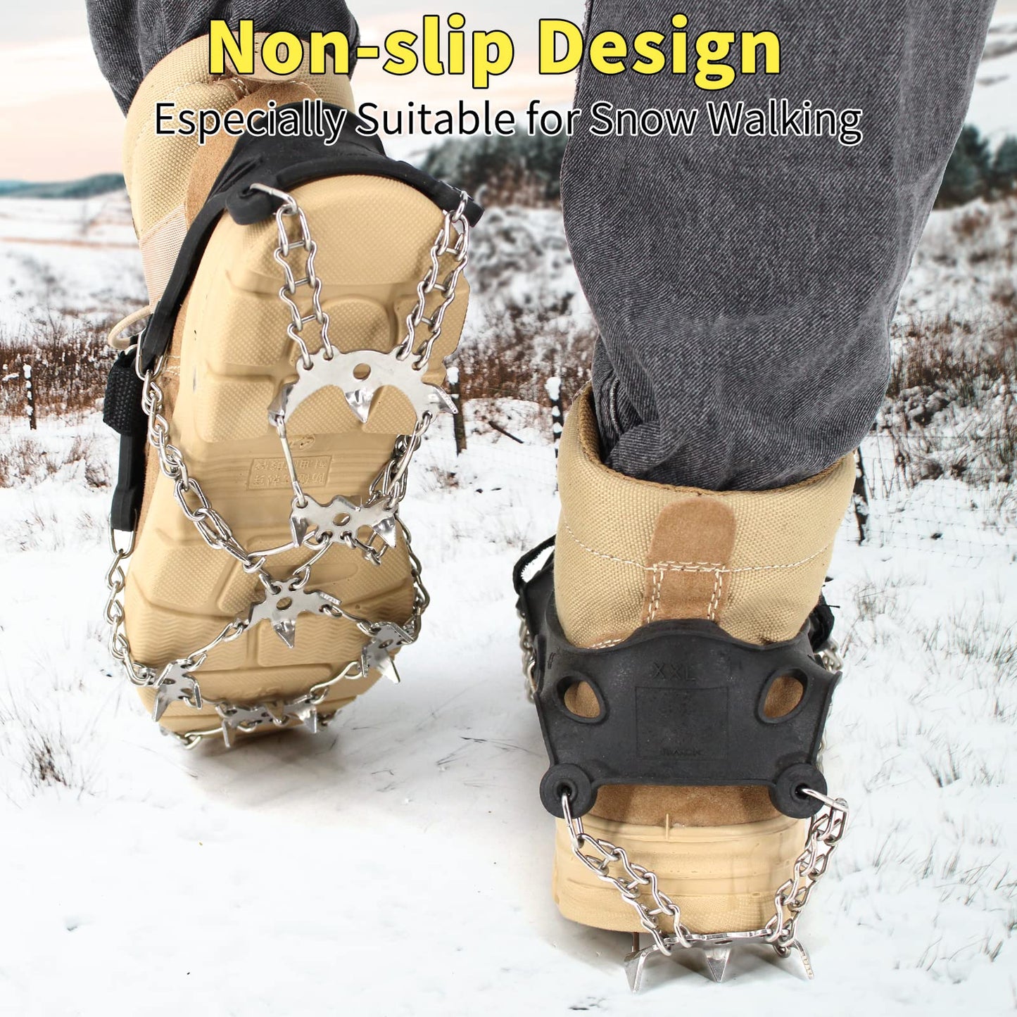 Xproutdoor Ice Cleats, Upgraded Snow Grips 18 Stainless Steel Spikes Crampons, Strong Traction Anti-Slip, Walking Hiking on Ice & Snow Ground, Mountain Climbing, for Shoes Boots, X-Large