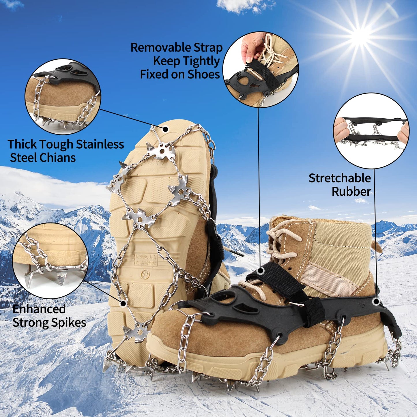 Xproutdoor Ice Cleats, Upgraded Snow Grips 18 Stainless Steel Spikes Crampons, Strong Traction Anti-Slip, Walking Hiking on Ice & Snow Ground, Mountain Climbing, for Shoes Boots, X-Large