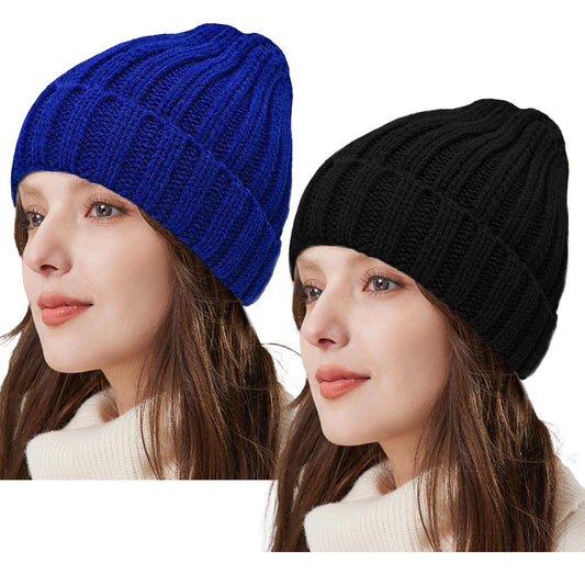 ZOORON 1&2 Winter Beanie for Women Soft Warm Slouchy Knit Hat Ski Stocking Cuffed Cap Black/Royal Blue
