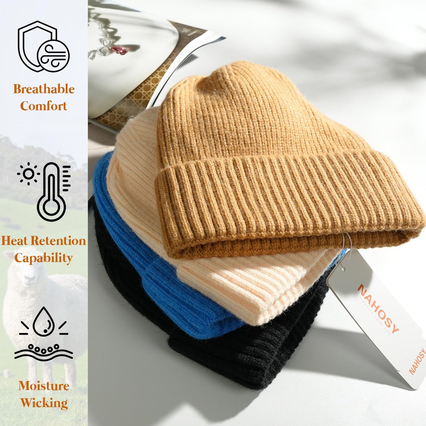 NAHOSY Beanie Hats for Women Men, Soft Alpaca Wool Warm Winter Caps Unisex Fashion Knit Cuffed Cap Ski Hat, Caramel