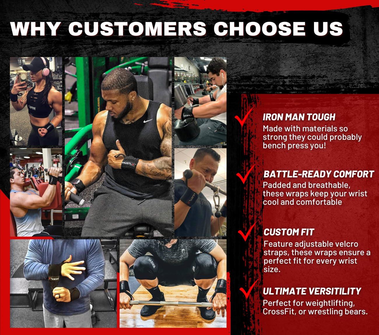 Hustle Athletics Wrist Wraps - Best Weightlifting Support (Professional Competition Grade Wrap) - Brace Your Wrists to Push Heavy, Avoid Injury & Improve Your Workout - for Men & Women