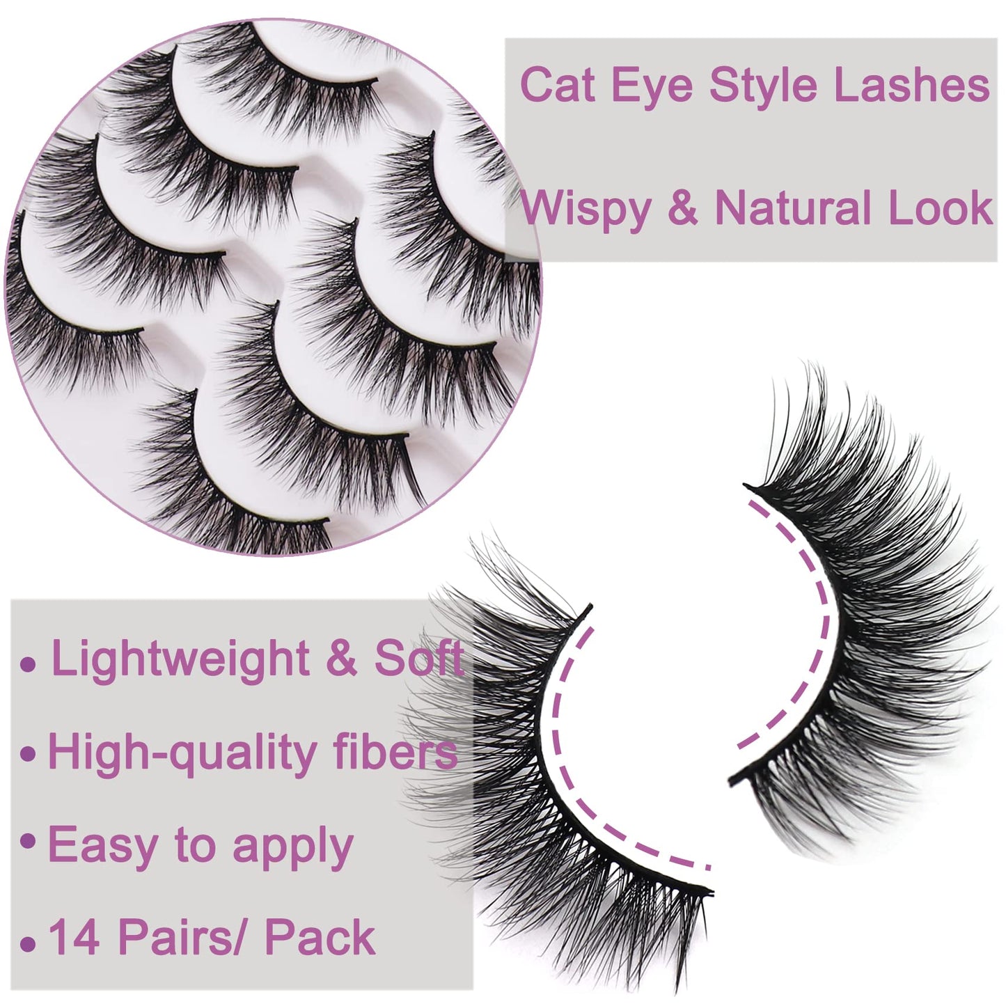 Losha Eyelashes Natural Look Faux Mink Lashes Pack Handmade Wispy False Eyelashes 14 Pairs Cat Eye Lashes (Y52)