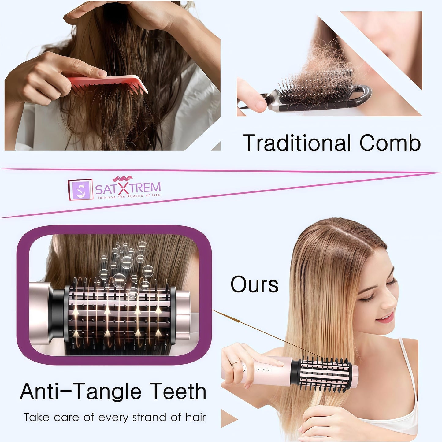 Satxtrem 2-in-1 Cordless Curling Iron & Straightener Brush,Heated Hair Styler with Needle Teeth Comb,USB-C Rechargeable,4 Temp,200M Ionic for Curls/Straightening/Smoothing (Women & Travel) (Pink Gold)