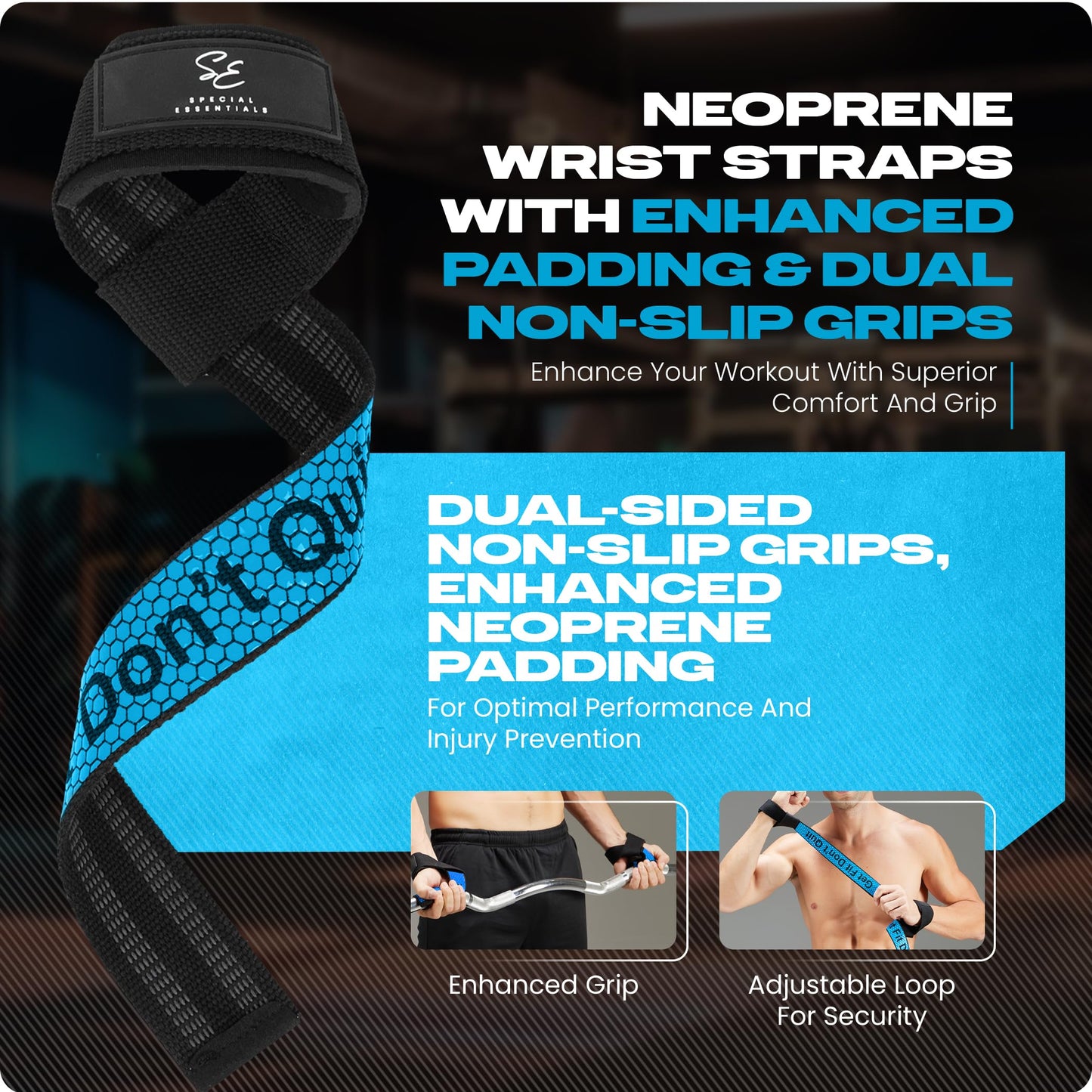 Special Essentials Wrist Straps for Weightlifting - Two-Sided Anti Slip Silicone Grip & Premium Padded Neoprene - Durable Gym Lifting Straps for Men and Women - Ideal for Bodybuilding & Powerlifting