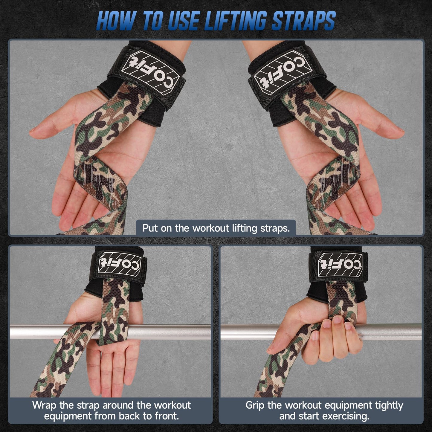 COFIT Workout Lifting Straps, Heavy Duty Weightlifting Wrist Straps with Extensive Cotton Padding Area, Enhanced Grip for Deadlifts, Powerlifting, Pull-Ups, Strength Training - Camouflage Green