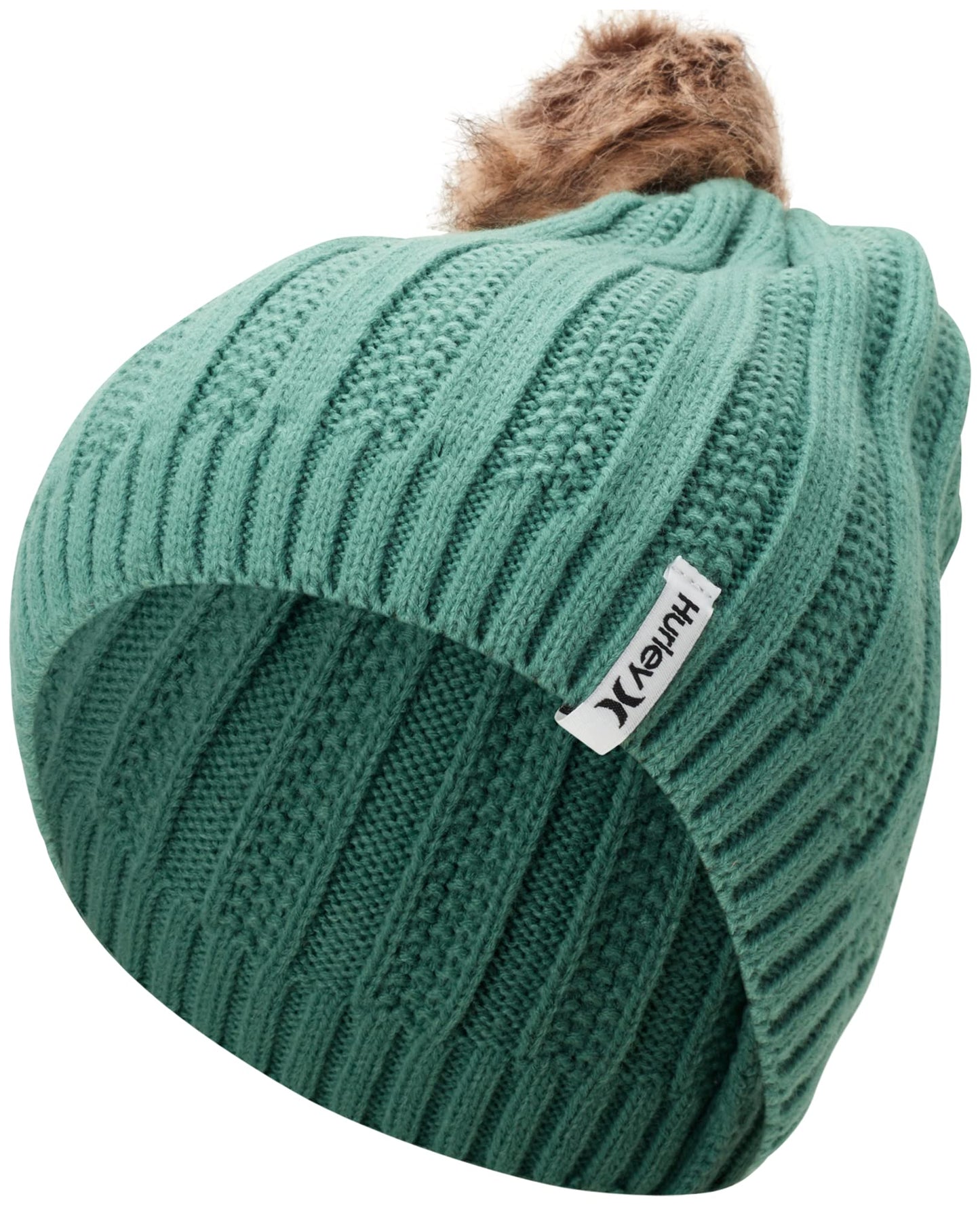 Hurley Women's Winter Hat - Helena Hand-Knit Slouchy Pom Pom Beanie, Size One Size, Evergreen Aura