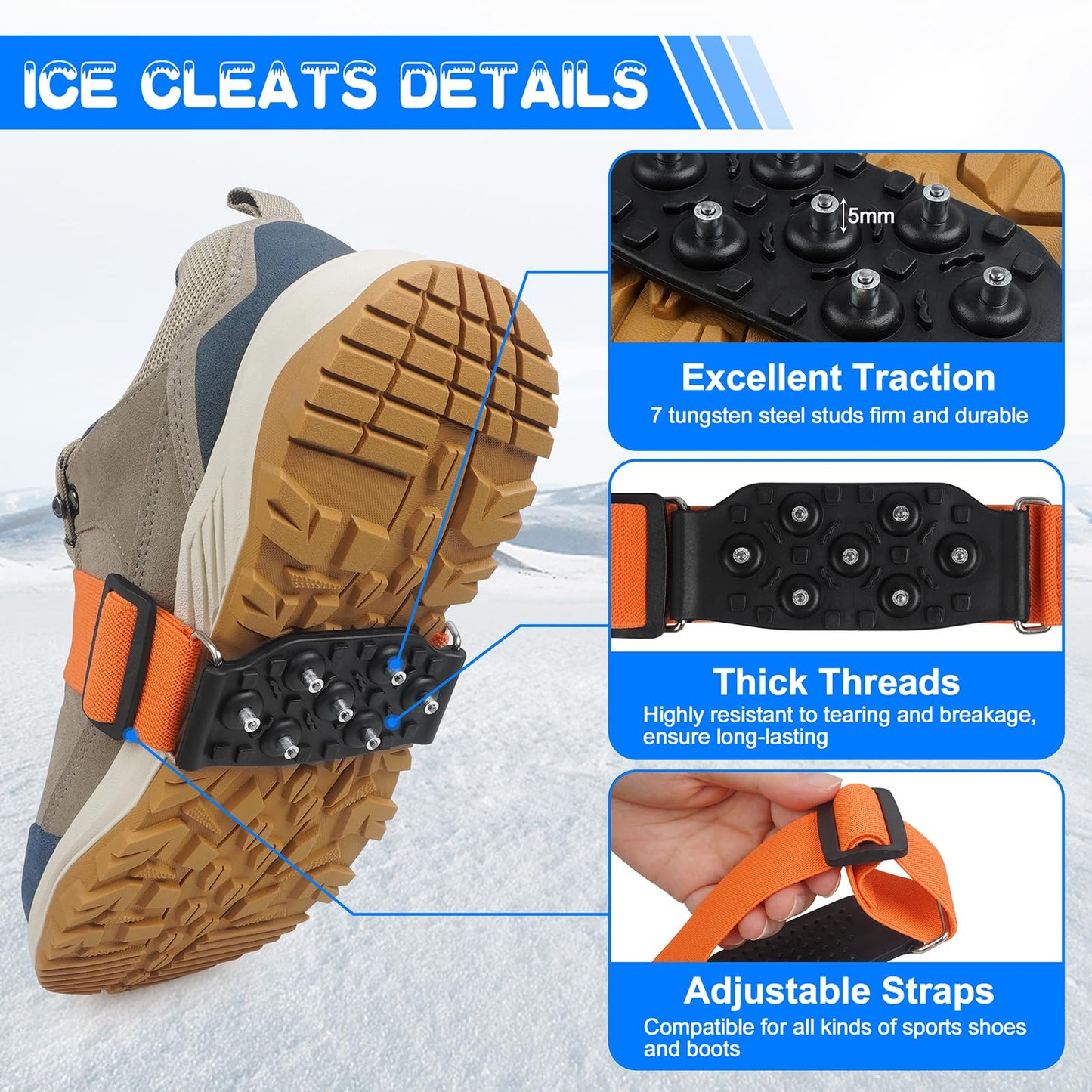 Ice Cleats Mid-Sole Snow Traction Cleats Crampons Anti Slip Snow Cleats for Shoes and Boots 7 Tungsten Studs Snow Grippers with Adjustable Straps Winter Walking on Snow and Ice(M- 2 Pairs)