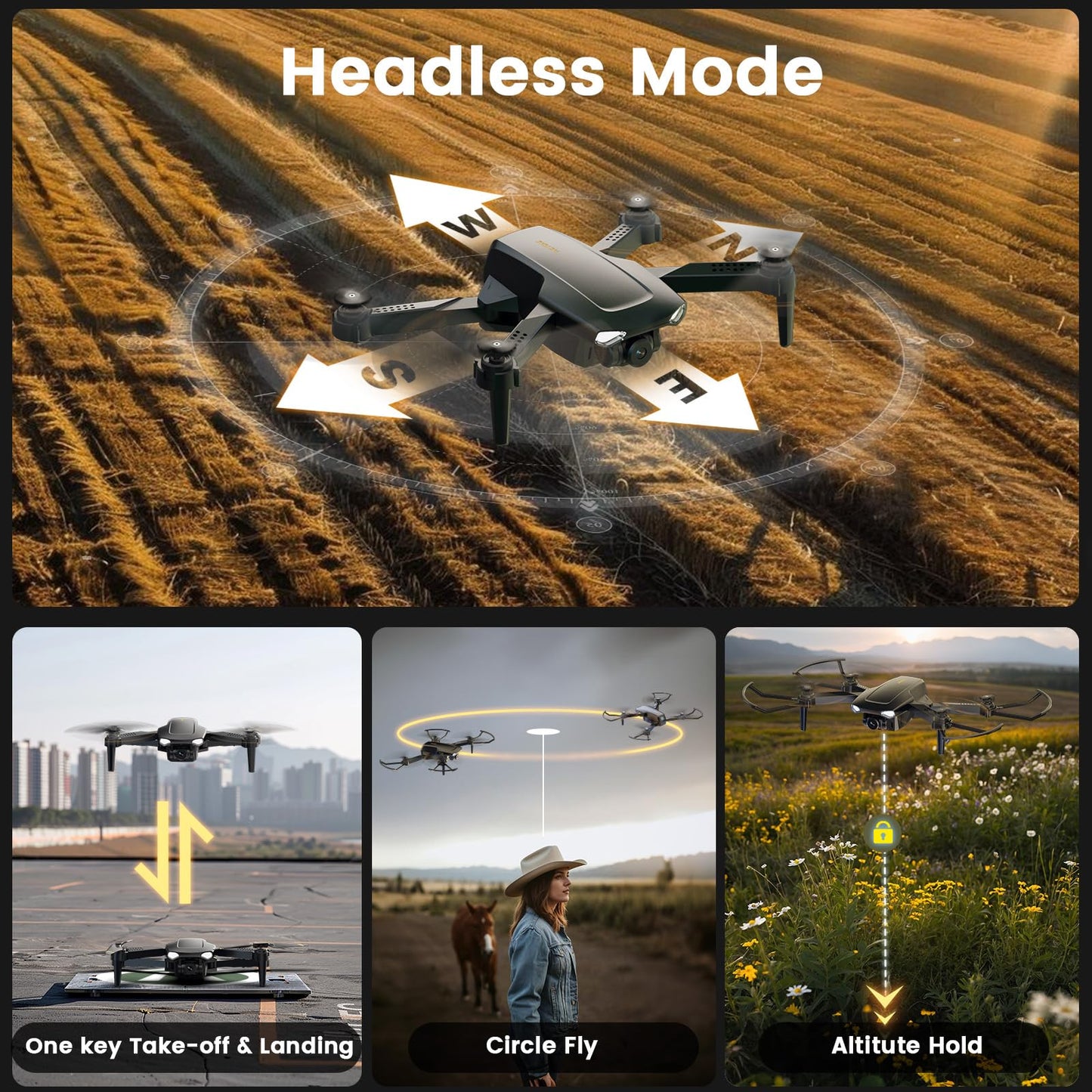 WeFone Drone with Camera for Kids Adults, WF11 1080P HD Mini Drones with FPV Transmission Foldable RC Quadcopters for Beginners, One-Key Start, Headless Mode, 360° Flip, 22 Mins Flight Time