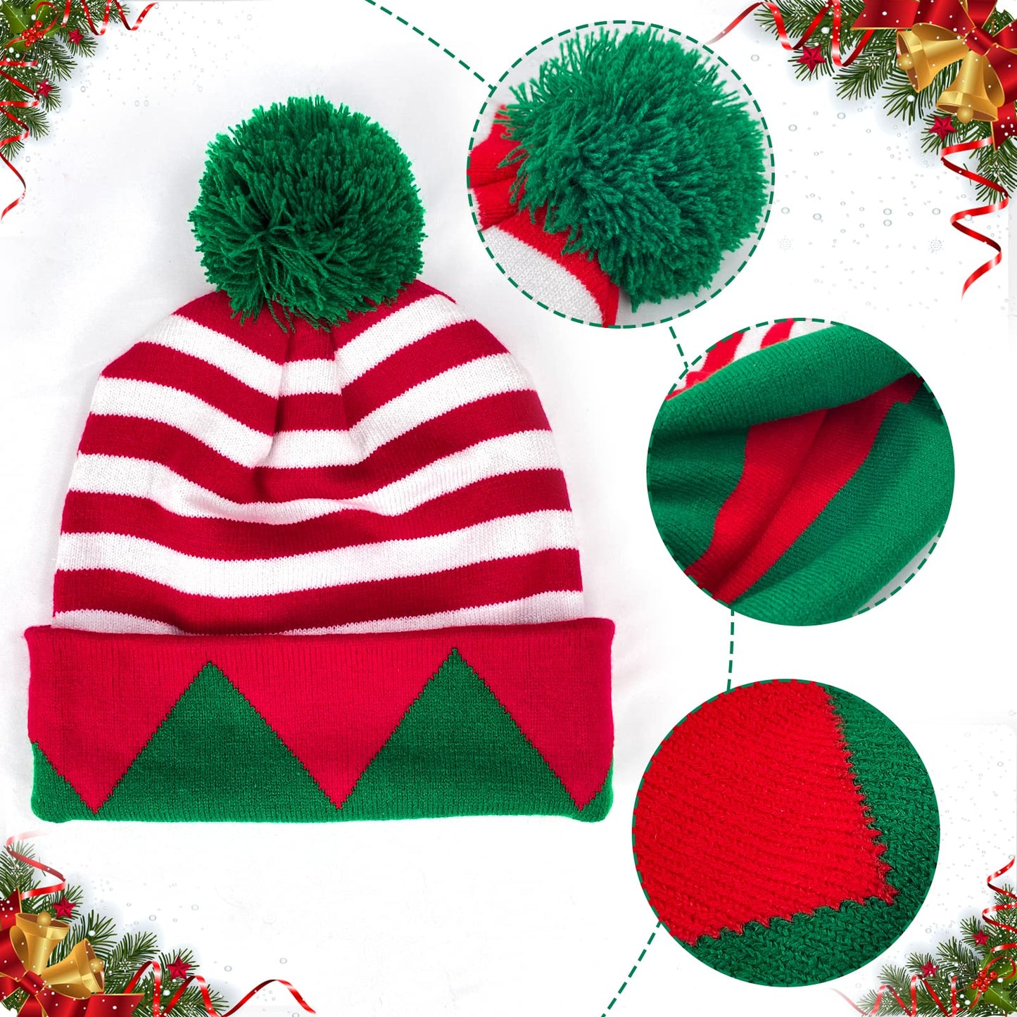 Asikkon Christmas Elf Knitted Hat for Adults Xmas Beanie Knit Hat Cute Santa Winter Warm Hat for Men Women Gifts Red and Green