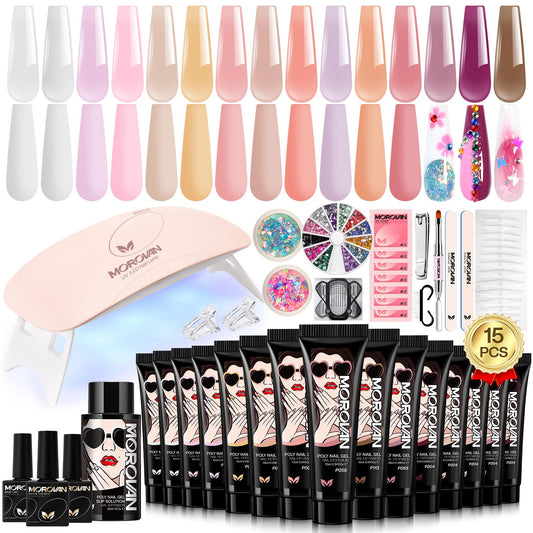 Poly Gel Nail Kit for Beginners: 15 Colors Gel Extension Nail Kit with U V Light for Women Girls