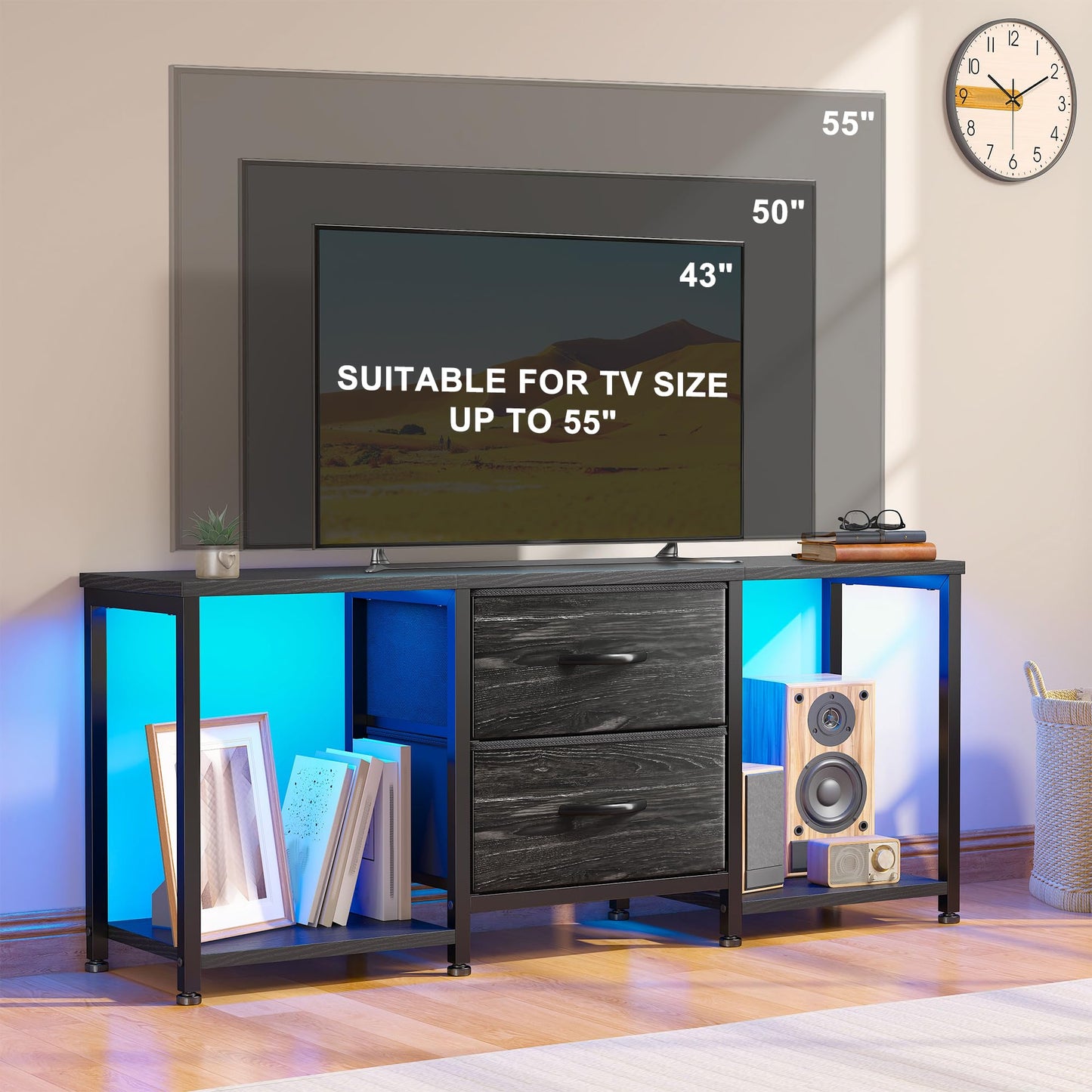 TV Stand for Bedroom with LED Lights, Dresser TV Stand with Two Fabric Drawers and Open Storage Shelves, TV Stands for Living Room, Entertainment Center, TV Console, Wood Top, Metal Frame, Black