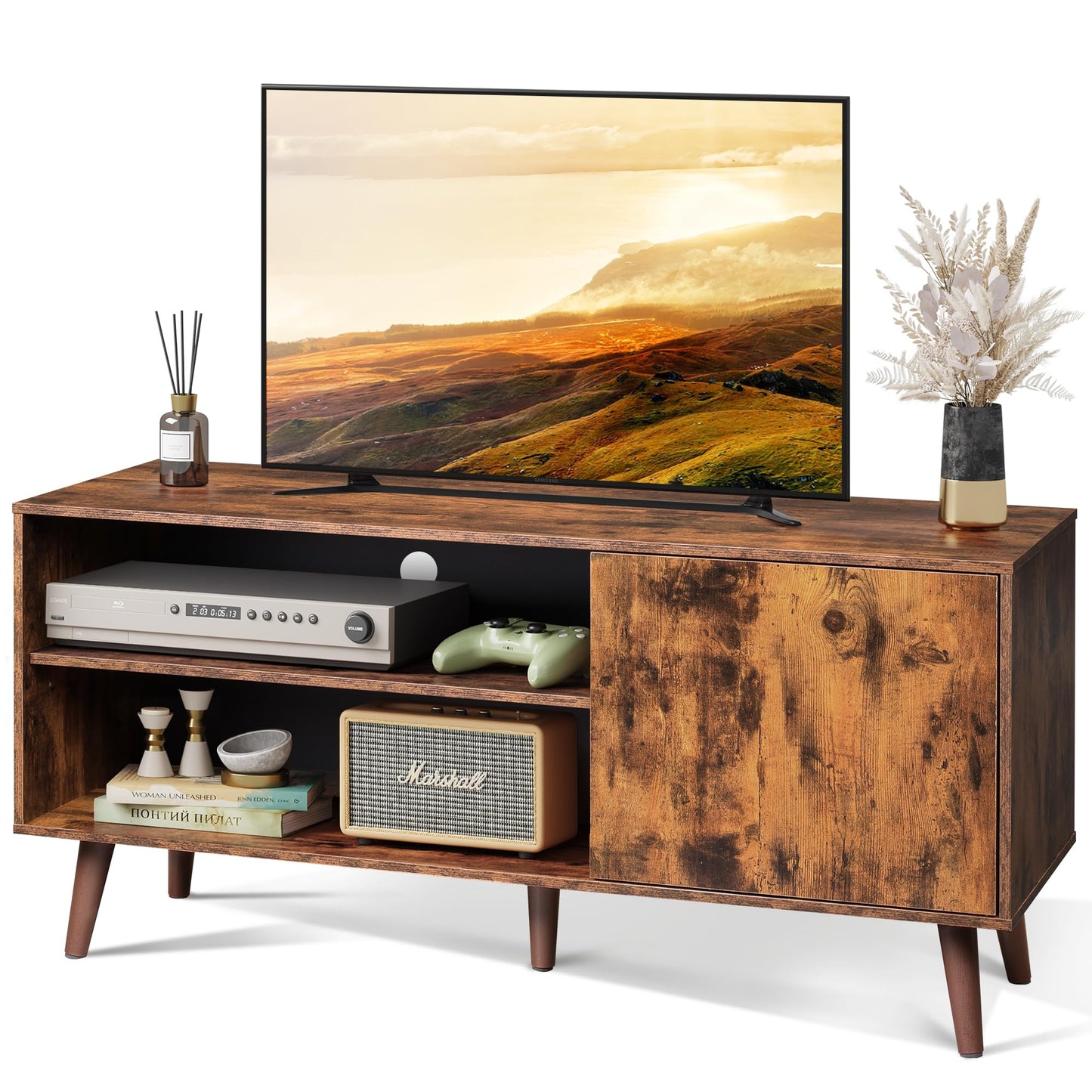 WLIVE TV Stand for 55 Inch TVs, Entertainment Center with Storage Cabinet, Mid-Century TV Stands for Living Room and Bedroom, 50" TV Console, Brown