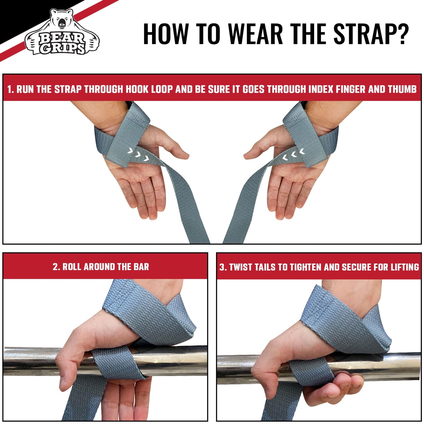Bear Grips Lifting Straps Gym, Wrist Straps for Weightlifting, Gym Straps, Weightlifting Straps, Deadlift Straps, Weight Lifting Straps for Men, Weight Straps Lifting Women, 2 Lifting Strap Light Gray