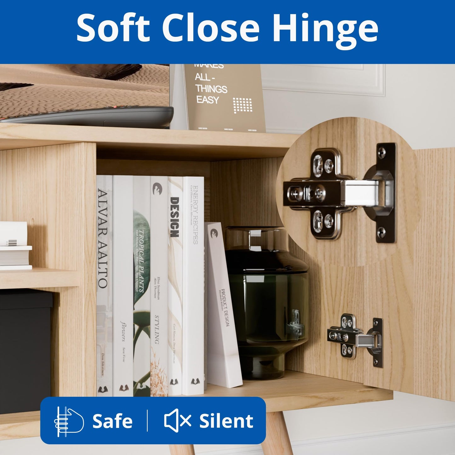 Cozy Castle TV Stand for 48 Inch TV, Mid Century Modern Entertainment Center with Storage Cabinet, TV Media Console with Charging Station for Living Room, Bedroom, Oak