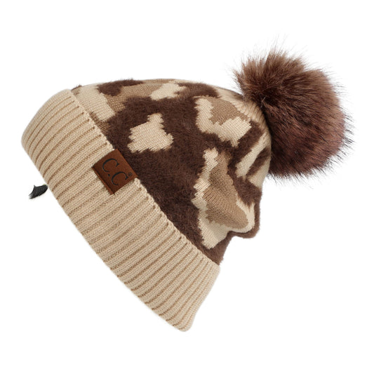 C.C Exclusives Abstract Camo Print Beanie hat with Faux Fur Pom (HAT-4005) Camo-Beige