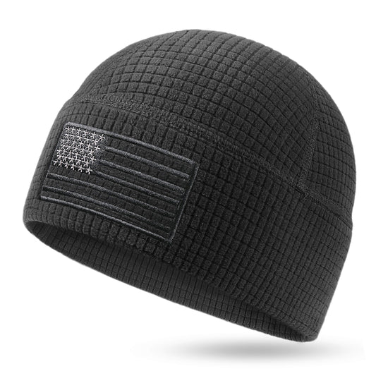 OUTDOOR SHAPING Grid Fleece Beanie with American Flag Embroidery Waffle Tactical Army Military Skull Cap Black