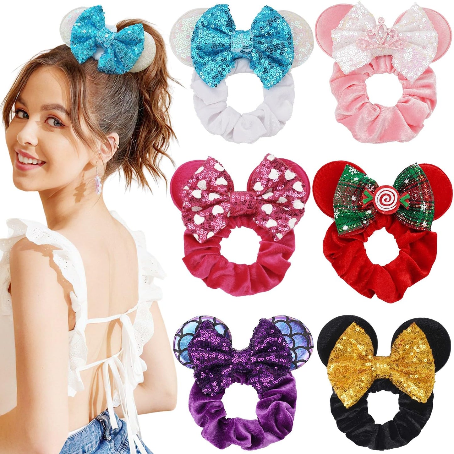 6 Pack Mouse Ears Scrunchies Velvet Sparkle Sequin Bows Hair Scrunchies Hair Ties Elastic Rubber Bands Christmas Ponytail Holders for Kids Women Girls Adult Christmas Party Decoration