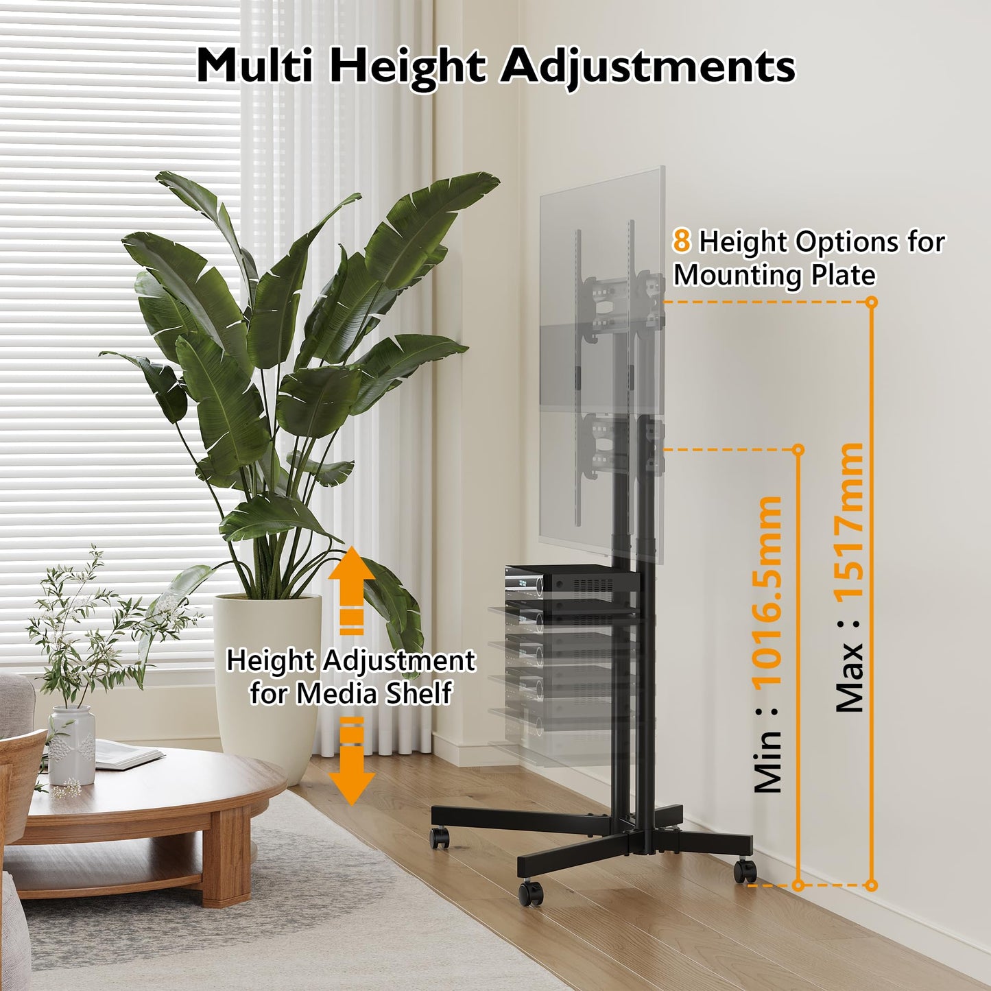 BONTEC Mobile TV Stand for 32 to 85 inch Screens up to 121 lbs, LED LCD OLED Plasma 4K Smart Flat and Curved Panels, Rolling Stand with Laptop Shelf, Locking Wheels, Max VESA 600x400mm, Black