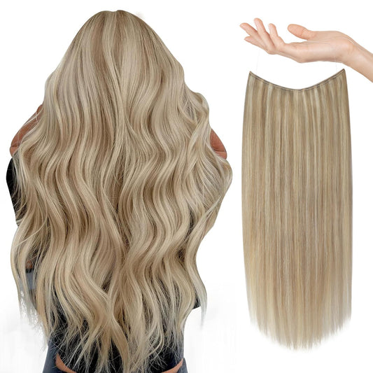 Sunny Wire Hair Extensions Real Human Hair Fish Line Human Hair Extensions Invisible Wire Extensions Golden Blonde with Medium Blonde Highlights #16/22 14 Inch