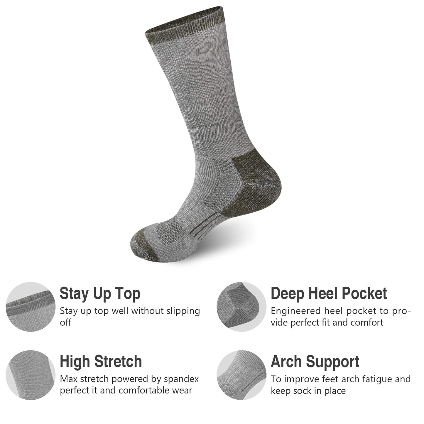 GKX Men's Merino Wool Moisture Wicking Outdoor Hiking Heavy Duty Work Cushion Crew Socks(Green)