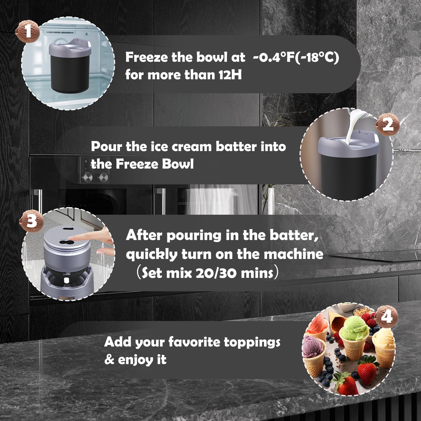 BRIOBITE Ice Cream Maker Machine – Premium Electric Mini Maker Machine with Low-Noise Operation, Rechargeable,Perfect for Gelato, Sorbet & Frozen Yogurt, Easy to Clean,Silver