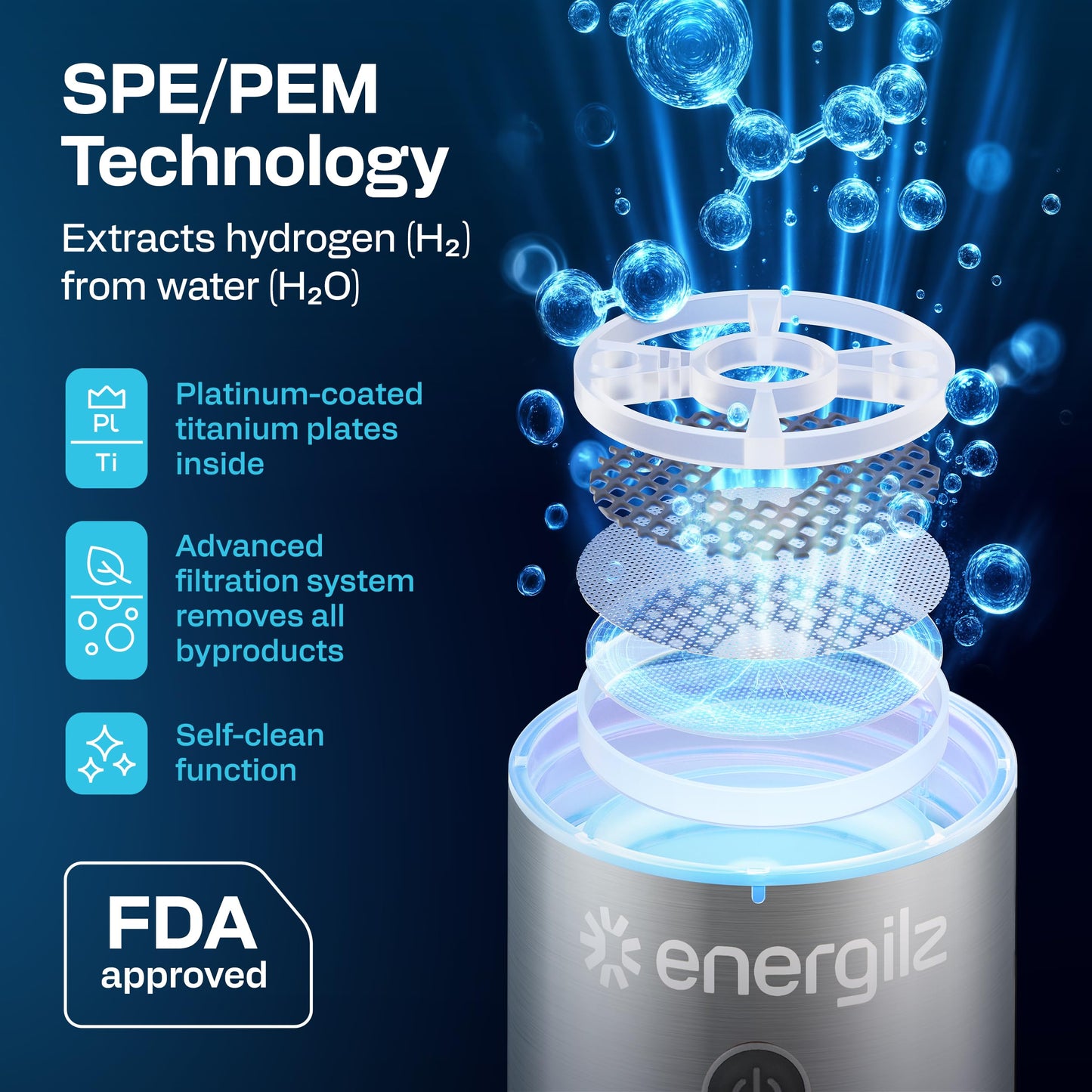 Energilz Hydrogen Water Bottle | Large 16.2 oz (480 ml) Hydrogen Water Bottle Generator 3000ppb | Hydrogenator Machine | SPE/PEM Hydrogenated Ionizer Generator (Steel w/Black)