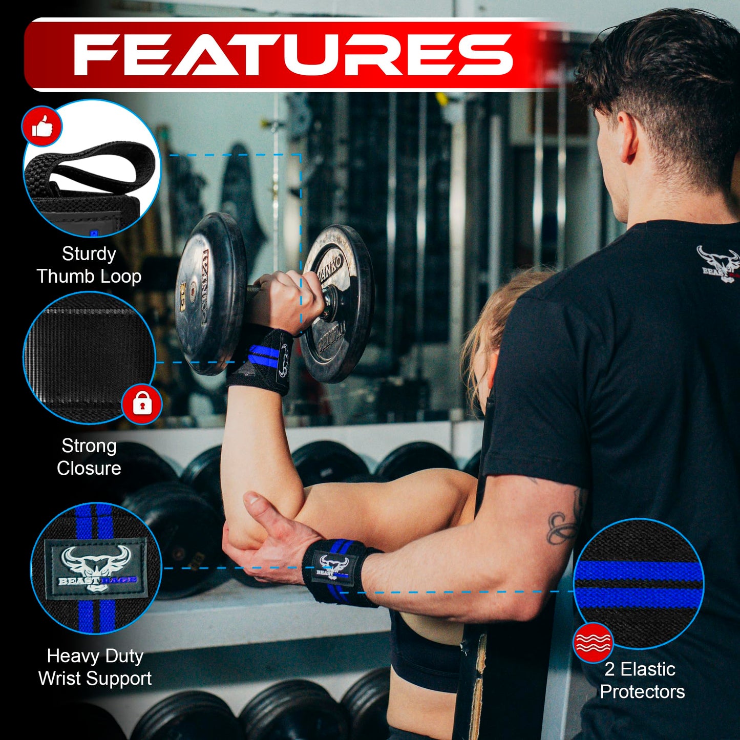 BEAST RAGE® Wrist Wraps for Weightlifting Adjustable Lifting Straps & Wrist Straps with Thumb Loop for Enhanced Gym Support, Wrist Support for Powerlifting, Bodybuilding and Gym workout (Black Blu)