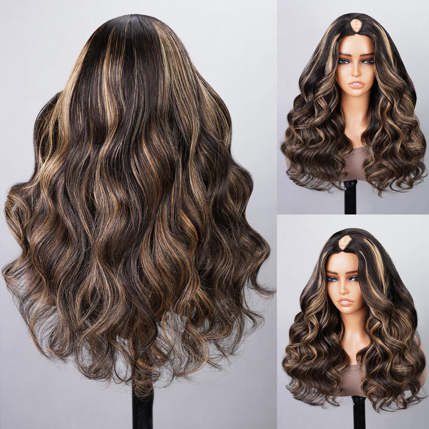 MEGALOOK V Part Wig Human Hair Highlight Wig Upgrade U Part Wigs for Black Women Human Hair Body Wave Human Hair Wig 180% Density No Glue No Sew In No Leave Out Beginner Friendly Half Wig 18 Inch