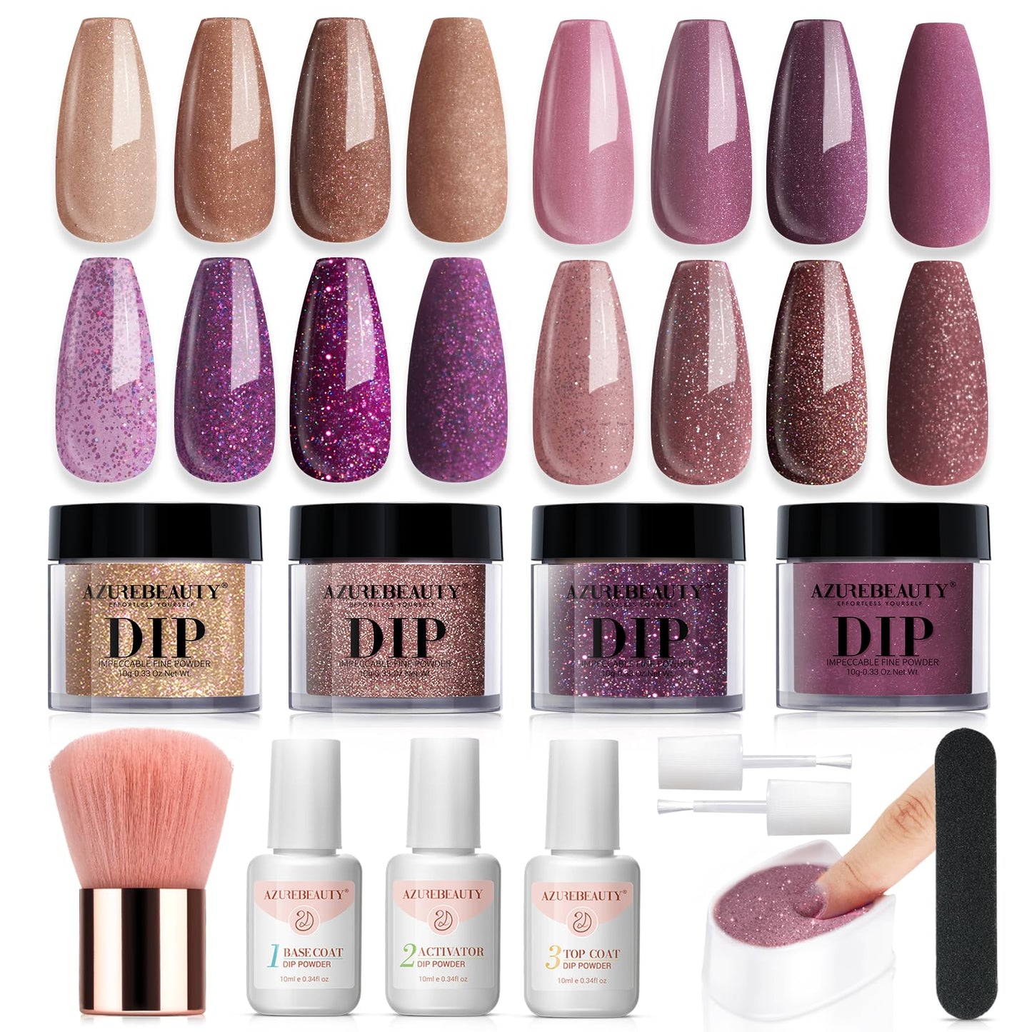AZUREBEAUTY Dip Powder Nail Kit, 4 Colors Brown Purple Glitter Dipping Powder Starter Liquid Set Recycling Tray with Base & Top Coat Activator for French Nail Art Manicure Salon DIY at Home