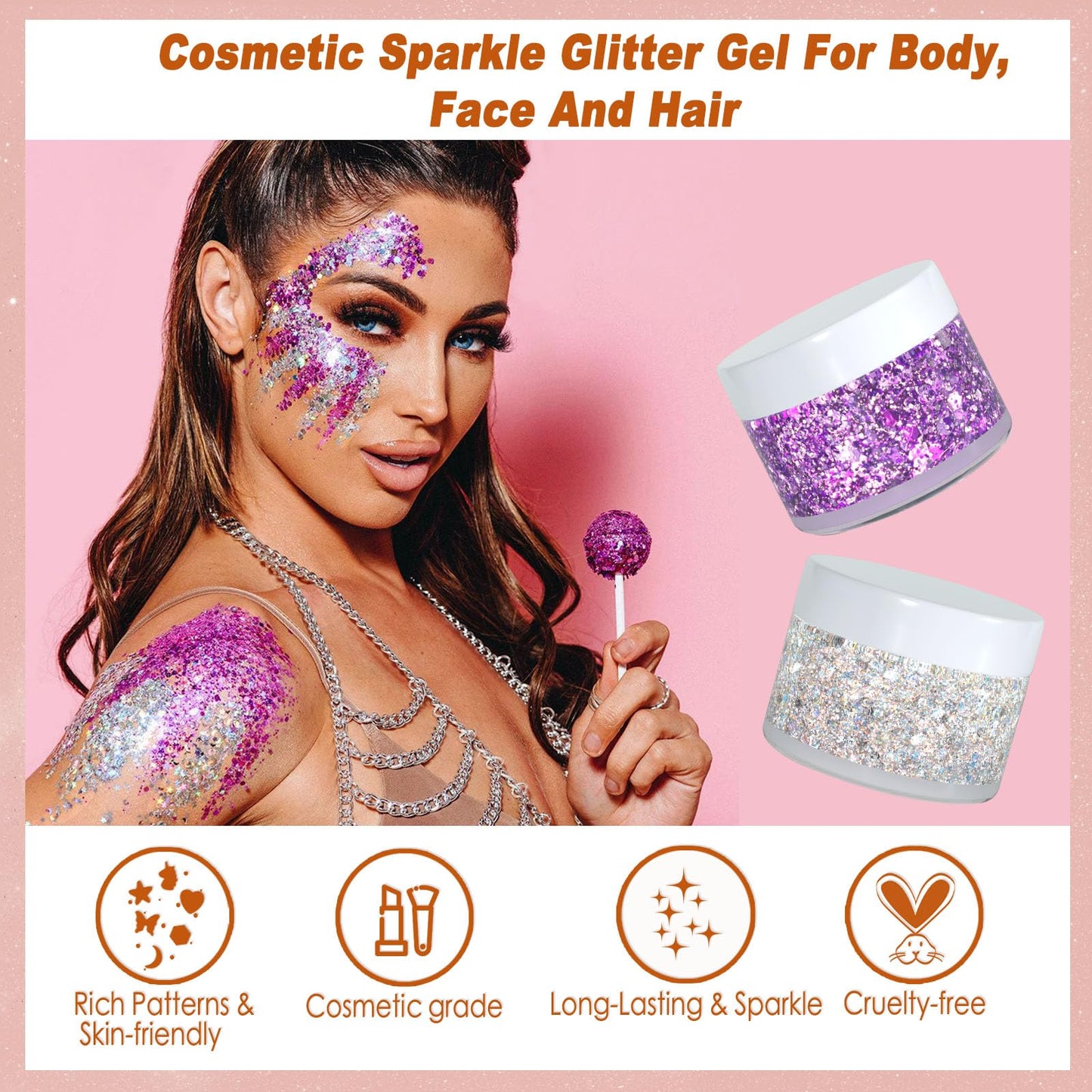 Boko 50ML Body Glitter Gel, Red White Blue Chunky Glitter for Face Hair Body Pride Makeup, Patriotic Glitter for Concert Flag Party Independence Day Event Rave Accessories