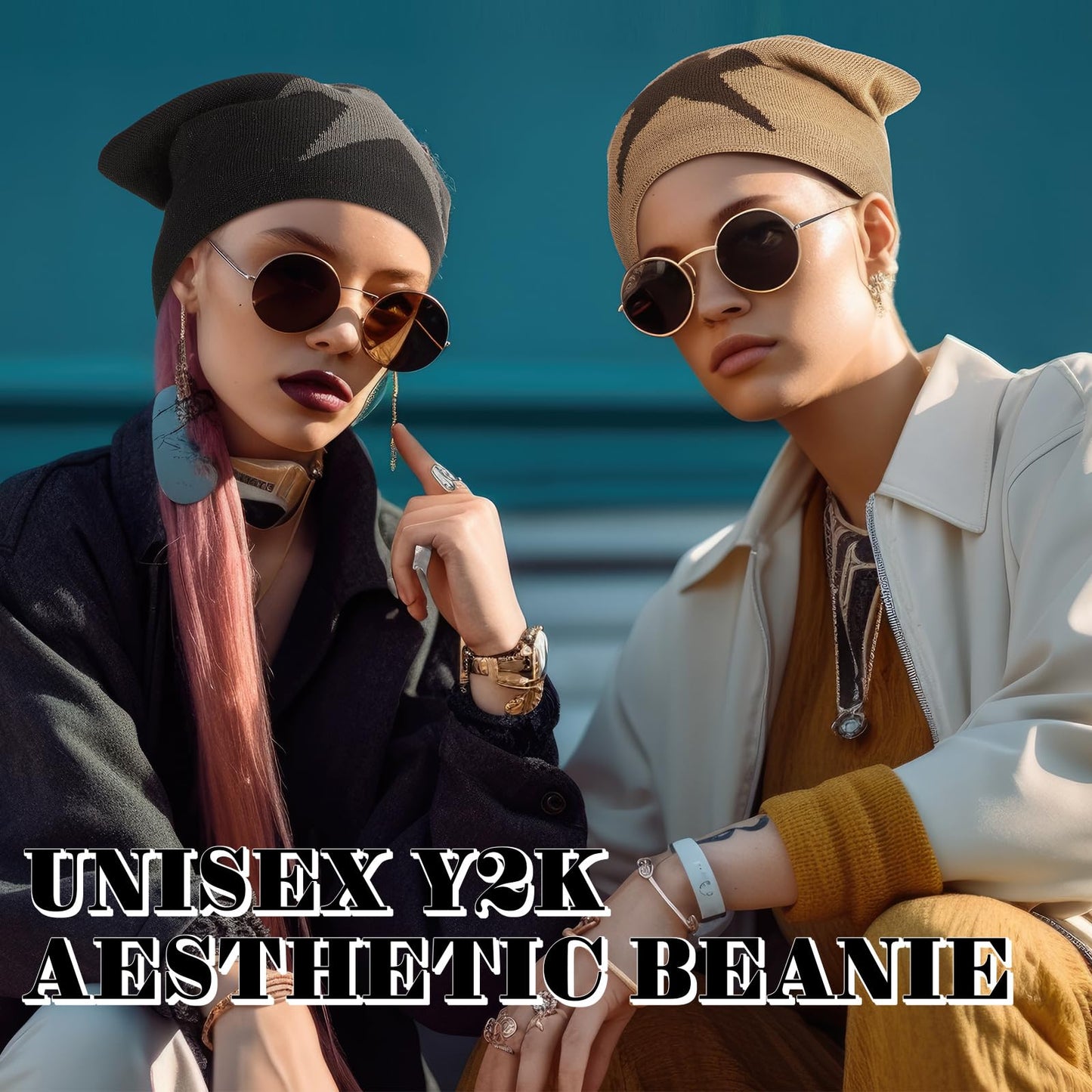 Chuarry 2 Pcs Y2k Hat Grunge Accessories Vintage Goth Graphic Knitted Slouchy Beanies Winter Warm for Men Women Black, Khaki